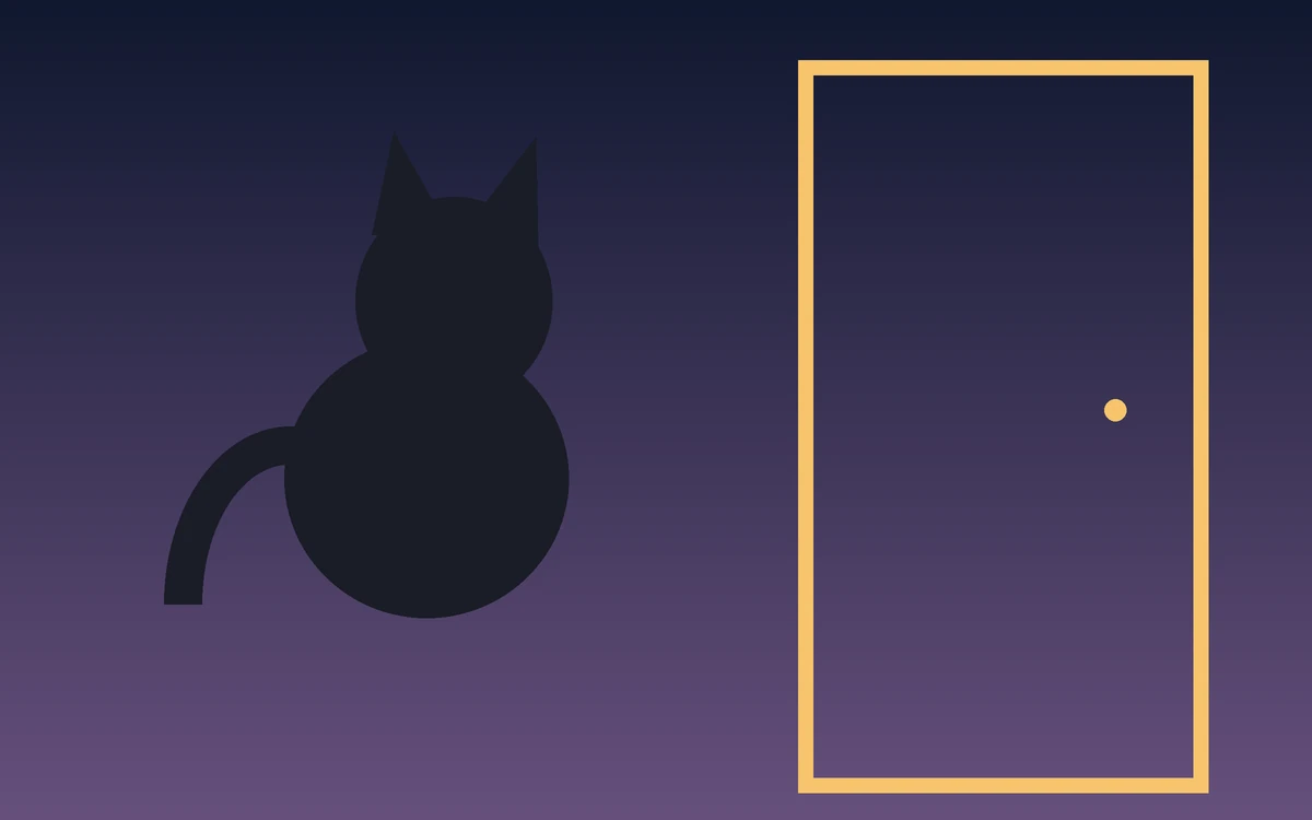 Illustration éditoriale d’un chat devant une porte la nuit